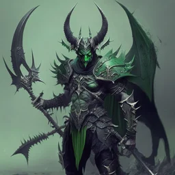 guerrero de armadura verde y negra con cuernos con alas negras y con una lanza