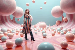 beautiful full body with long boots and midi dress lady in surreal stage made of fractal random size spheres with helical strip colors in clothing similar to environment full body posing to camera