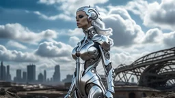 three-quarter view of a woman in a silver robotic catsuit standing in a futuristic derelict city with mushrooms with tentacles floating in the sky