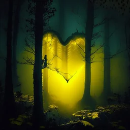 yellow fog in the forest at night with an electric heart