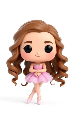 Funko figure of a very young female, smiling, long wavy light brown hair, wearing a ballerina dress, pink dress, ballet, very cute, ballet pose,. typography, 3D render. White background
