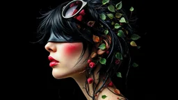 Abstract Art, Collage, Thomas Ligotti, Mannequin World, In Space They Can't Hear You Scream, Dave McKean, Inspired by Zdzislaw Beksinski's Nightmarish Paintings, Wassily Kandinsky, Double Exposure, Gnostic Tragedy, Sinister, Woman, Messy Black Hair, Made of Shiny Texture, Sunglasses on Head, Red Blush, Blindfolded, Half Smirk, Vine Design, Raspberry, Surreal, Futuristic, Black Open Background, Peach Skin, Leafy Textures, Shiny Plastic, Organic Aesthetics, Rose Red Tint, Green Leaves, Ali