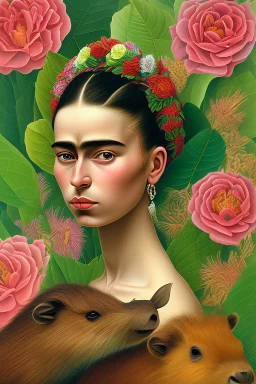 Portrait of a girl next to a capybara, in the style of a Frida Kahlo painting