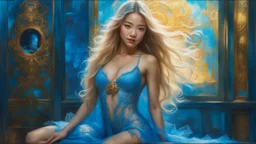 In Casey Baugh's evocative style, art of a gorgeous young smiling asian goddess full body with long blonde hair, blue eyes , beautiful chest and legs, futuristic, transparent blue lace, elegant, highly detailed, majestic, Baugh's brushwork infuses the painting with a unique combination of realism and abstraction, greg rutkowski, surreal gold filigree, broken glass, (masterpiece, sidelighting, finely detailed beautiful eyes: 1.2), hdr, realistic painting, natural skin, textured skin,