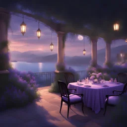 black sheep are everywhere - lavender blossom in ProA digital rendering of a grand patio overlooking a tranquil body of water, adorned with twinkling lights illuminating numerous elegant chairs and tables. The scene captures the essence of Neo-Romanticism with its magical atmosphere, reminiscent of an Evgeny Lushpin painting. The play of light and shadow creates a sense of mystery and enchantment, inviting viewers to immerse themselves in this serene and picturesque setting.vence