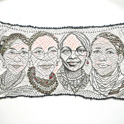 A Wide Panel in which 5-6 potraits are deveped with Wool threads tapestry artwork connected with each other through threads,