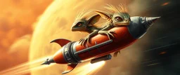 hairy macho gremlin lizard aliens living in a hi tech marvellous hot dog rocket with a mounted sling shot, heading for venus, background motion blur and smoke swirls