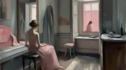 Una escena cotidiana inspirada en La Toilette de Degas: trazos quebrados, luz filtrada, rosas y grises, y una rutina contemplativa que parece un secreto.