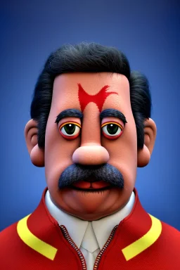 Waist up muppet Portrait, Nicolas maduro us muppet doll, Venezuelan president, tracksuit red blue and yellow, mustache, photo studio, red background, unreal engine 5, concept art, art station, ray tracing, lumen lighting, ultra detail, volumetric lighting, 3d.