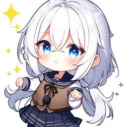 Clear focus, High resolution, long white hair, hair between eyes, straight long locks, sparkling blue eyes, wearing a sailor uniform, wearing a sailor skirt, wearing a brown vest, cute, 1girl, fluffy hair, cute, chibi, cartoon, rough line art, white background