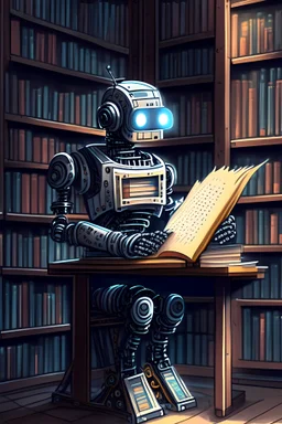 The library is serviced by computers, and there are many books on the shelves. The robot sits at the table and searches for books in the catalog in the computer Expression. High-quality drawing, 8K