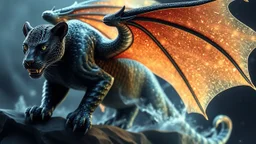 A panther with shimmering dragon scary ,cool wings