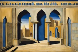 an open gothic_arab gate in a blue-tiled wall with a view of an old city by artist "de Chirico",by artist "Leonora Carrington"