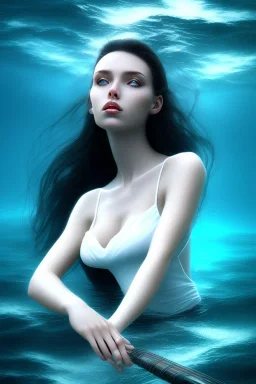 black long hair muse with white top in the ocean