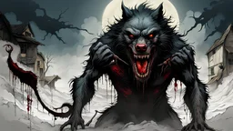 Werewolf in the style of, sinister, gore, morbid, horror, eerie, dark fantasy; HDR, UHD, TXAA, 8k, Ralph Steadman, Seb Mckinnon, impressionism, dadaism, surrealism