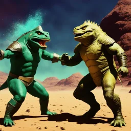 the spice fight: James Kirk vs The Gorn [vintage style noisy scratches glitches, Shot the texture and then rewound the film and double exposed from a 1970 B series movie]
