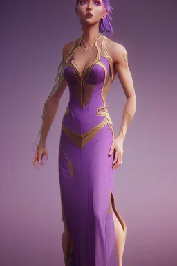 Stunning utopian gown with lavender and gold. Hyper realistic standing model