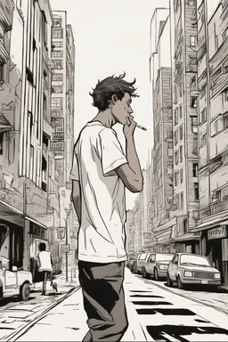 A 25-year-old boy in a men's sports tee is walking in the city, thinking with his head down, smoking a cigarette, and possessing the power of a god