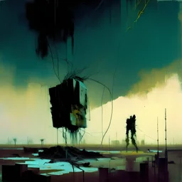 Dystopian future with a twisted falling from sky with retro monitor head and handing wires. In desolate landscape low horizonline at night. With a concrete decaying blocks. Abstract oil painting in style of Justin Mortimer and Phil Hale