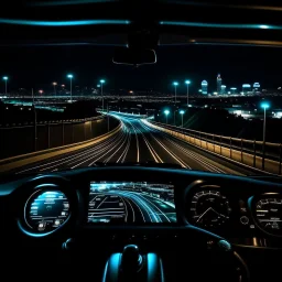 night time, a car dashboard lighting up, a dark road in the windscreen, with a beautiful city in the distance
