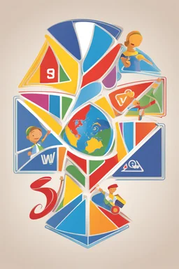 "Design a logo for a children's game program inspired by Trivial Pursuit. Education is central, featuring 5 themes (science, culture, sports...) in primary colors. 'Wijze Weetjes Wereld' is the title, and include the 3 W's from the title in the logo. The style is much more primary, clear, and structured."