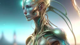 gorgeous female humanoid alien, slender muscular warrior, looking over shoulder at the sky, tentacles, coper zinc orichalcum jewelry and piercings, beautiful face, mesmerizing starry eyes, smooth translucent skin, hourglass, size DD.