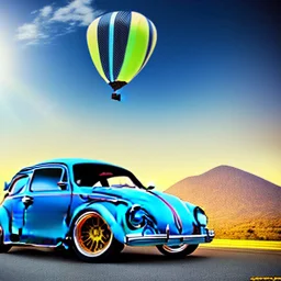 blimp vw-beetle hybrid, retrofuturistic, phototrealism, in flight, one subject,