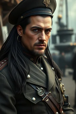 High Commander of a Dieselpunk utopia in a ww2 military dress, up close, fantasy, High details, realistic design, dark vibes, 8k, male, long black hair