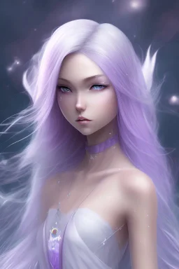 A beautiful anime girl with soft purple and white hair locks blowing in the wind and a Background world of fire and ice