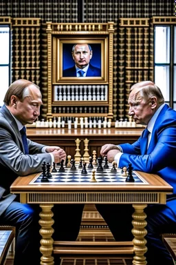 Vladimir Poutine playing chess with human pieces