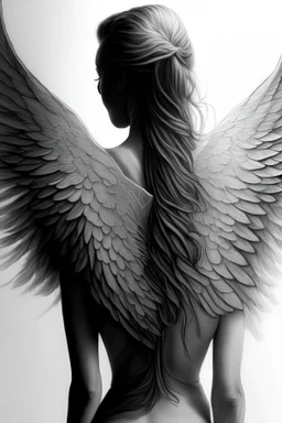 woman angel from back wings coming from back of her shoulders ultra realistic drawing