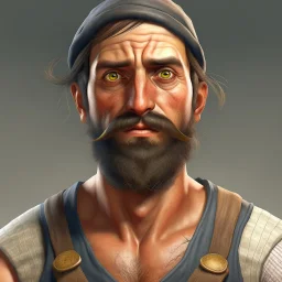 muscular 30 year old fisherman with large eyes and an apron and mutton chops realistic digital art