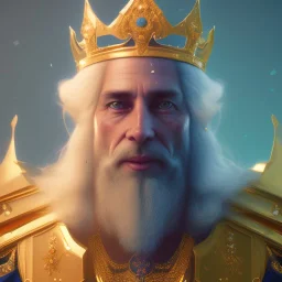 A portrait of a crystalised blue pink king, gold, sunny background, atmospheric, realistic, unreal engine, 8k. Cinematic lighting, octane render.