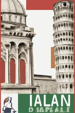 Imparare l'italiano. Gli studenti imparano la lingua, mentre dietro sullo sfondo l'alfabeto italiano. Torre Pendente di Pisa e bandiera italiana.