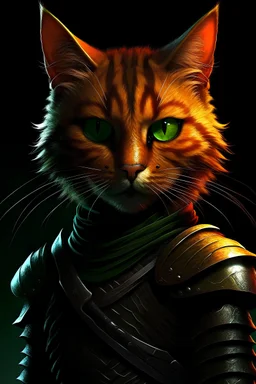 A realistic humanoid cat, scruffy sunset orange fur, blood red stripes, Wearing black leather armour, Wielding a rapier, Blinking with one eye, grinning, Scar over right eye, Glowing green eyes, shrouded in shadows