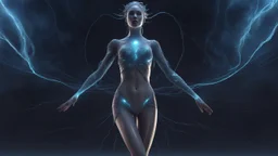 Dancer out in the Rain. Full body 3d image, an extraterrestrial species,bioluminescent skin. comets, galaxies, beautiful face beautiful eyes beautiful body, her hair is made out of supernova shockwave, she is a living breathing colossal-sized universe. She has a large chest