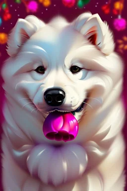 Cute, fluffy, happy looking white Samoyed dog, holding a rose in its mouth, colorful, festive atmosphere, detailed, congratulating