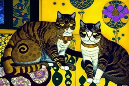 Two cats on a terrace. Gustav Klimt. Perfect brown eyes with perfect iris, perfect huge pupils.