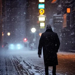 man wearing trenchcoat walking along sidewalk, snowy streets of new york at night, dramatic, dramatic lighting, volumetric lighting, hyperrealism, 8k, high quality, photorealistic, lot of details