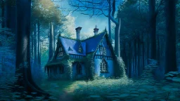 gothic cottage in a woodland glade with blue sky