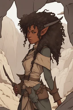 A DnD character. A female horned Tiefling ranger with pointy ears standing in a cave. The Tiefling has curly hair and a little pterosaurs on her shoulder.