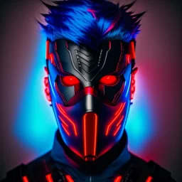 glowing Red eyes, mask, Male, portrait, Dark tactical suit, blue hair