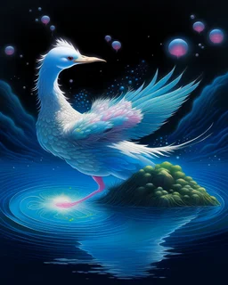 ((top-notch quality)), ((masterwork)), ((true-to-life)) - A lifelike, fantastical creature, dancing gracefully in a surreal, extraterrestrial water world, submerged in a subaqueous setting. The gentle neon glow of the light source creates an ethereal ambiance. Illustrated by Katsushika Hokusai, this artwork is painted in the aquarelle medium, presenting a fantastical scene with an energetic color palette featuring dramatic lighting in emerald, tangerine, and scarlet hues. The use of three-dimens