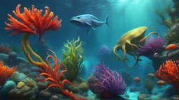 creatures, plants from subanautica from deep sea, leviathan's a lot of sea plants very deep, beautiful, river of magma, green and blue and more colours, sea animals from subnautica