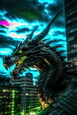 black dragon with glowing eyes on top of a high rise building