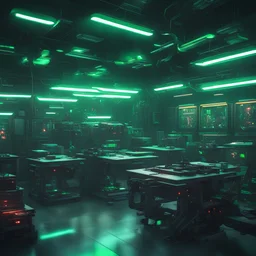 cyberpunk drone manufacturing room, green lights, robotics