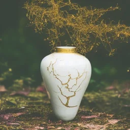 artistic photo of a tiny cracked ceramic vase repaired with gold, kintsugi, garden setting, beautiful landscape photography, beautiful, vines and leaves, delicate, cinematic, high detail, beautiful composition, delicate arrangement, aesthetic, soft lighting, award winning photography, tender