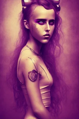 Danish singer MØ face,Abstract steampunk, purple tones, high light,