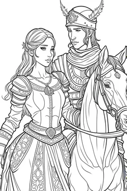 Fantasy coloring page, minimal detail. HD. Woman holding a male knight