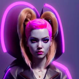 Pretty cyber woman, pink hair, sci-fi, rounded face, black, gold, brown, geisha style, simetric, neon style, a lot of led lights, fog, rain, leather coat, vibrant color, highly detailed, art stations, concept art, smooth, unreal engine 5, god rays, ray tracing, RTX, lumen lighting, ultra detail, volumetric lighting, 3d, finely drawn, high definition, high resolution.